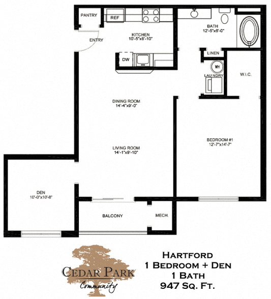 Floor plan for 1 bed, 1 bath, 947 sqft